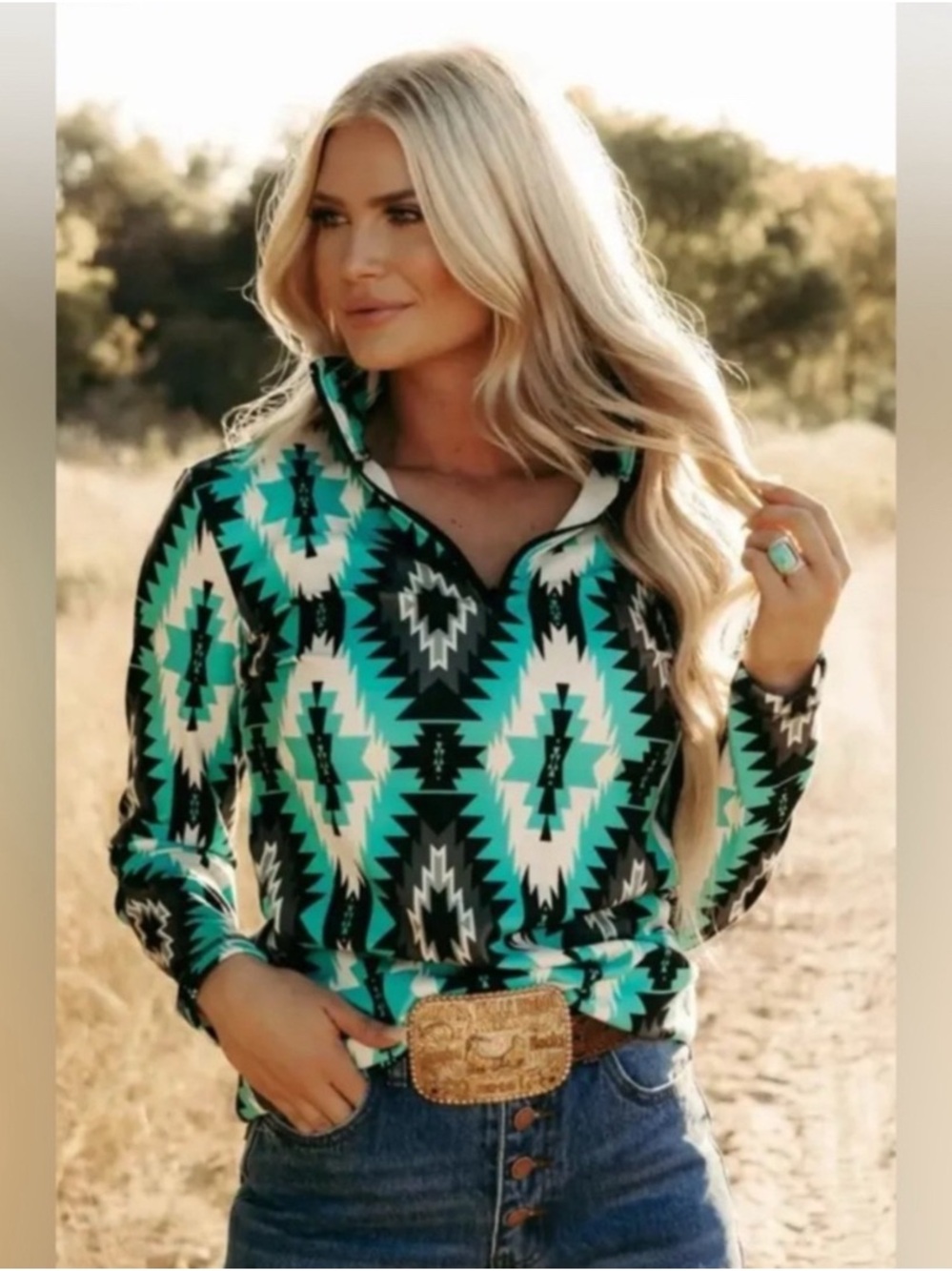 Women’s Aztec Quarter-Zip Pullover Sweatshirt - Teal Black White